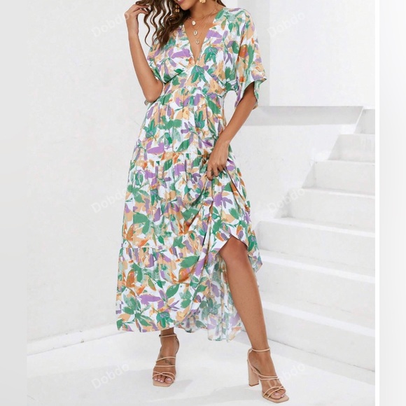 Dresses & Skirts - Deep V-Neck Floral Print Batwing Sleeve Shirred Waist Layered Dress*
